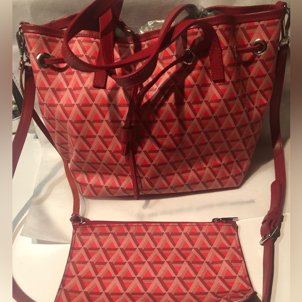 NWT gorgeous red Lancaster Paris Ikon bucket bag with pouch and shoulder strap